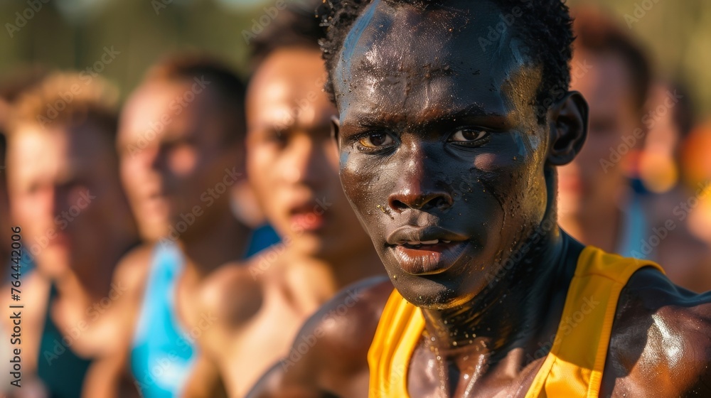 The intensity and concentration on a runners face their eyes locked on the finish line. The intensity and concentration on a runners face their eyes locked on the finish line.