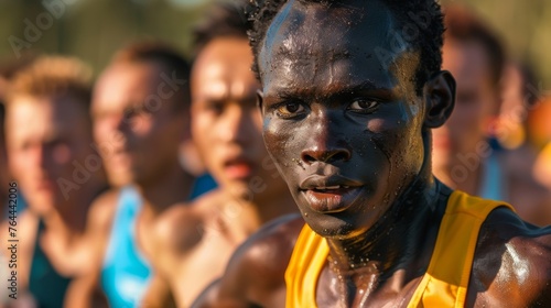 The intensity and concentration on a runners face their eyes locked on the finish line.