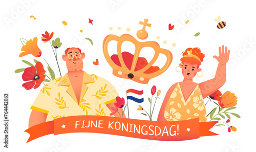 Koningsdag - text in deutch language means Happy King Day in the kingdom of Netherlands. Ginger people celebrating the holiday on april 27 encircled with tulips. photo