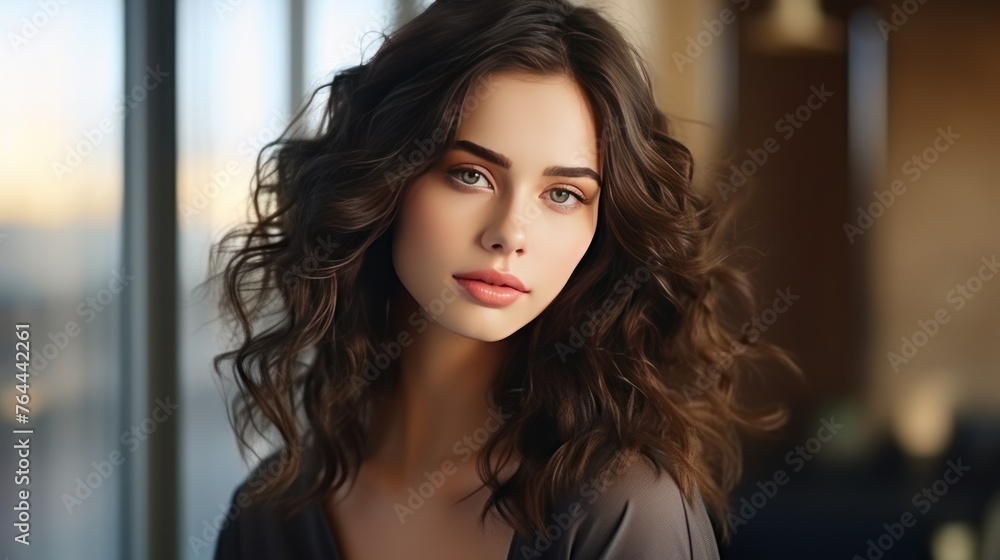 Stunning Woman with Curly Brunette Hair and Glamorous Makeup in Studio Portrait Stunning Woman with Curly Brunette Hair and Glamorous Makeup in Studio Portrait