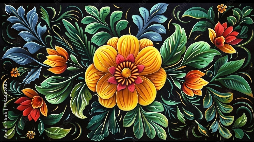 Decorative floral pattern illustration on a black background with a central yellow flower. Decorative floral pattern illustration on a black background with a central yellow flower.