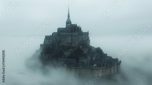 The old castle in the fog. Tranquil, mystical and mysterious atmosphere. Beauty landscape. Generative AI