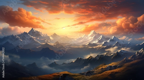 Majestic mountain panorama bathed in the warm glow of a summer sunset