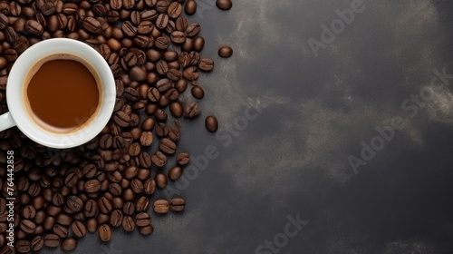 Top-down view Coffee beans, ground coffee and cup of black coffee 