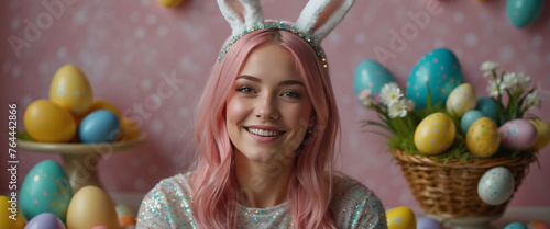 Beautiful young lady smiling celebrating easter, wearing easter bunny headband, wide banner
