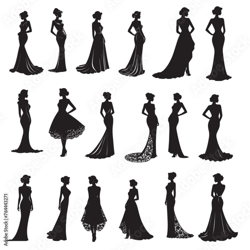 Woman with dress silhouettes black solid in white background vector image