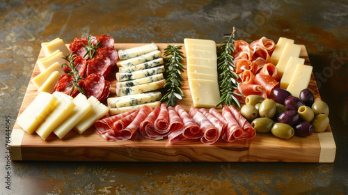 A wooden ting board with a variety of cheeses meats and olives arranged in an appetizing display.
