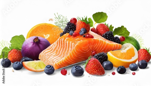 Healthy Eating Salmon, Fruits, Vegetables & Berries Top View