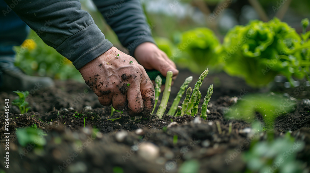 Hands picking asparagus from the soil. Hands picking asparagus from the soil.