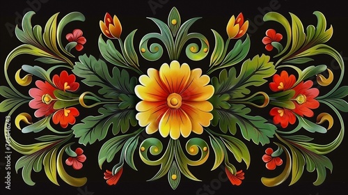 Floral pattern illustration with central yellow flower on a black background