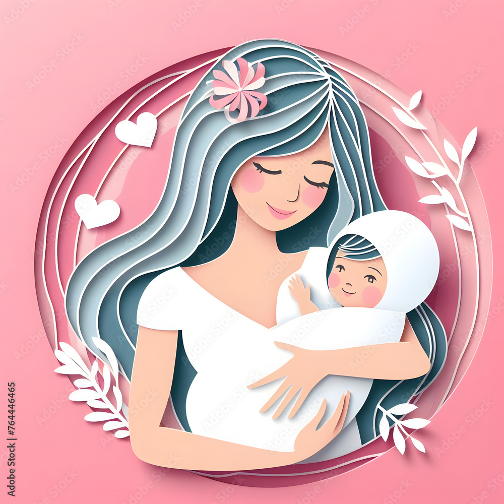 Mother with baby, paper cut illustration, isolated on pink background, Mother's Day, Mother Love Child
Mother with baby, paper cut illustration, isolated on pink background, Mother's Day, Mother Love Child