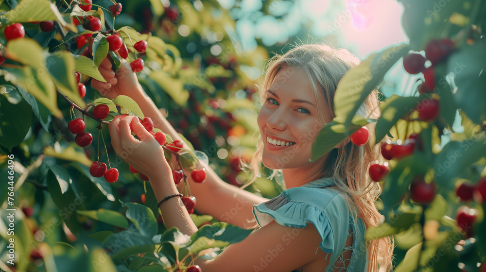 Woman picking cherries from a tree. Woman picking cherries from a tree.