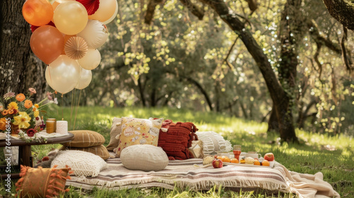 A picnic featuring a whimsical balloon bouquet adding a touch of playfulness to the romantic setting.