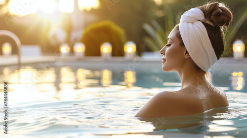 Serene spa relaxation, woman unwinding in tranquil pool setting, peaceful resort ambiance, wellness retreat, sunset calm