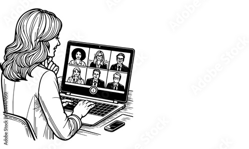 one continues black line drawing business people video conferencing using Laptop working from home sketch outline doodle vector style illustration on white
