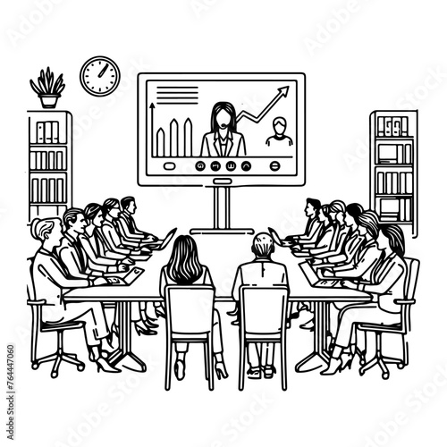 one continues black line drawing business people video conferencing using Laptop working from home sketch outline doodle vector style illustration on white
