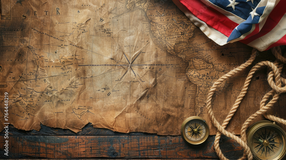 Naklejka premium Columbus Day Theme, Overhead Shot of American Flag, Antique Compass, and Map