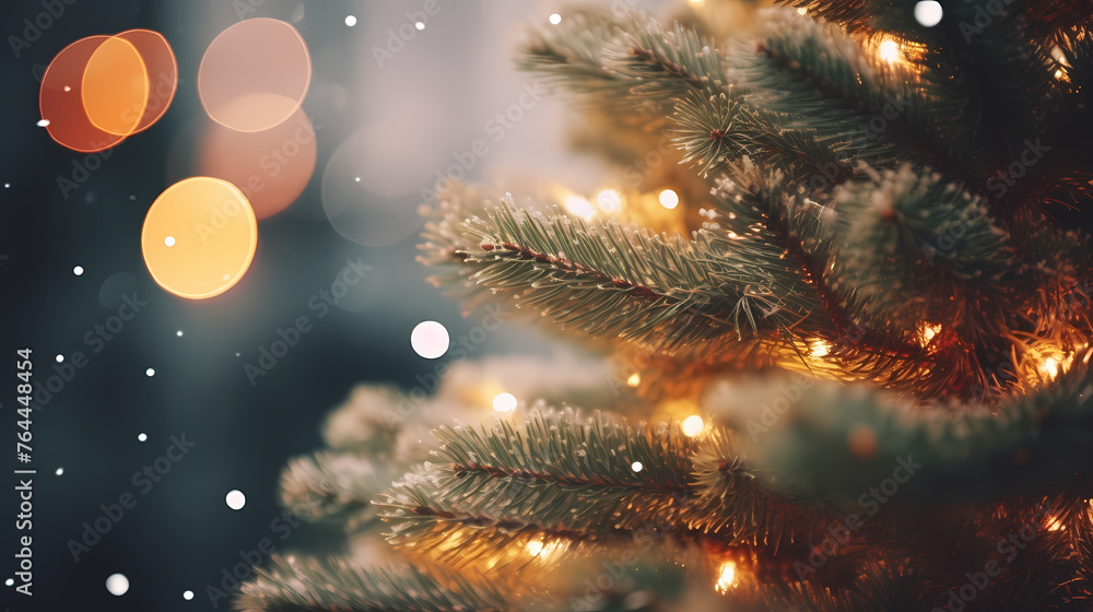 Fototapeta premium Close-up of Christmas pine branches under backlight