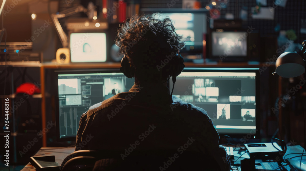 Back View of Video Editor Working on Computer