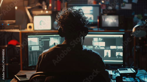 Back View of Video Editor Working on Computer