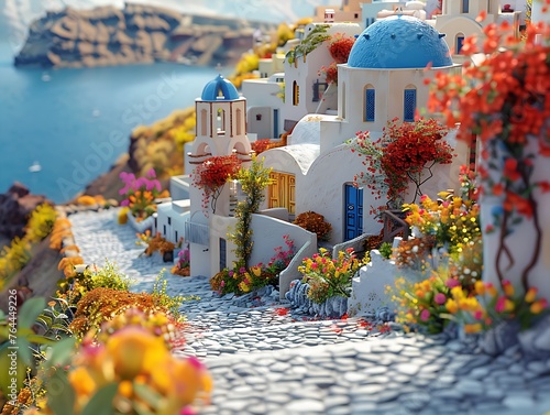 Fototapeta Naklejka Na Ścianę i Meble -  Santorini streets with windows and houses and flowers with tilt-shift miniature effect
