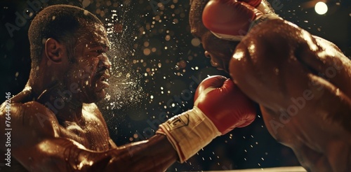 A boxers jaw clenches as he braces for a barrage of powerful punches from his opponent.