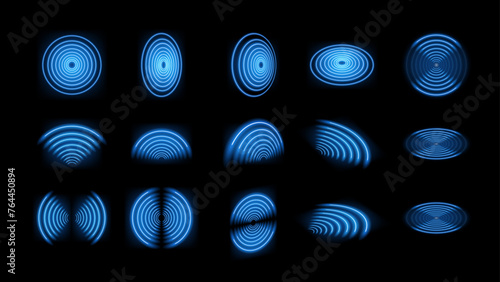 3D Wi-Fi light effect. Wireless networking with a wave effect collection. Glowing blue signal wifi, sensor, radar, RFID and round circle waves wireless technology concept. Vector.