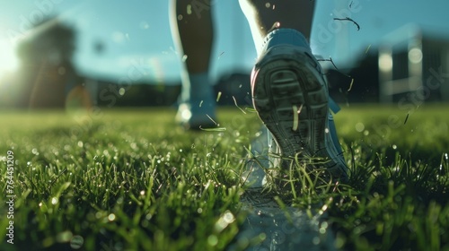 A lole shot of a players feet as they sprint down the field leaving a trail of grass in their wake.
