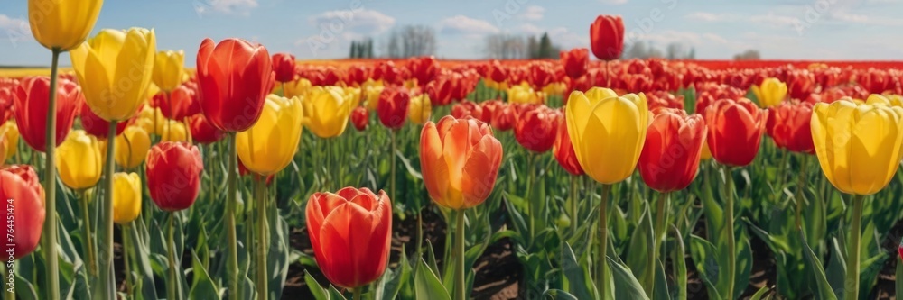 Obraz premium Flowers landscape of blooming colorful tulips field in spring, - Flower background banner panorama