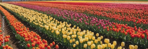 Flowers landscape of blooming colorful tulips field in spring  - Flower background banner panorama