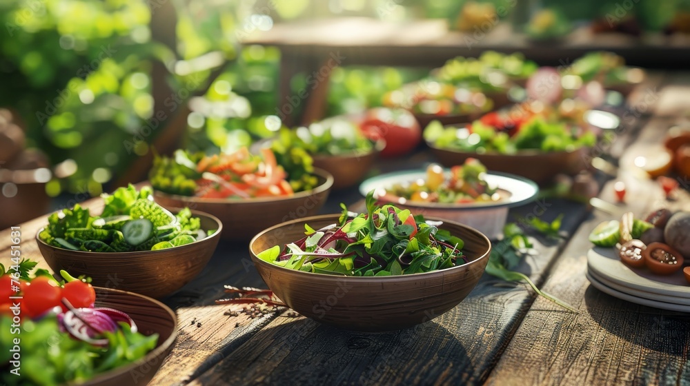 Farm Fresh Rustic Wooden Table Set with Organic Salads in Countryside Ambiance Farm Fresh Rustic Wooden Table Set with Organic Salads in Countryside Ambiance