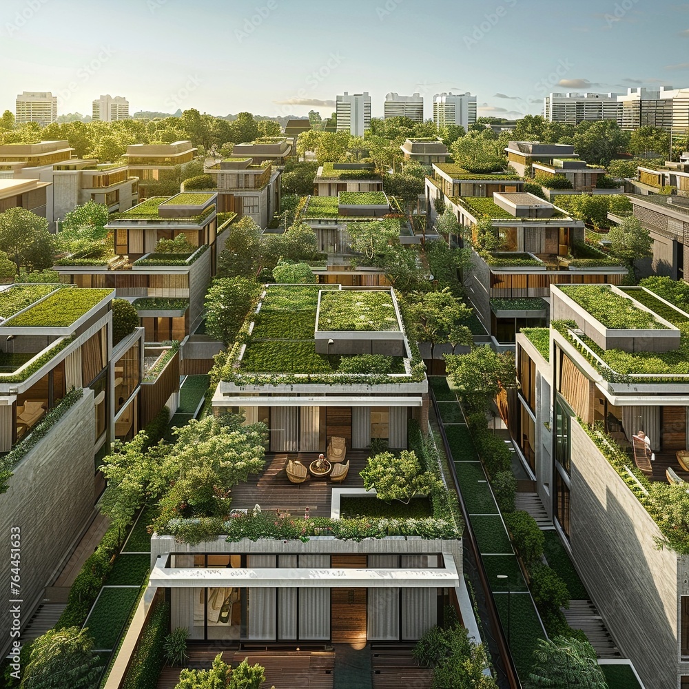 Depict the harmonious coexistence of nature and urban living in a ...