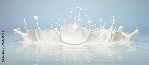 A dynamic milk splash captured mid-air against a vibrant blue background, creating a visually striking contrast photo