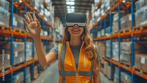 A confident, smiling female warehouse worker sporting virtual reality goggles.