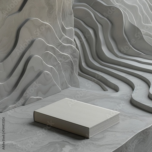 A serene depiction of a book resting on a table in a minimalist style, with a grey color scheme and cinematic quality enhanced by topographic lines in a 3D style