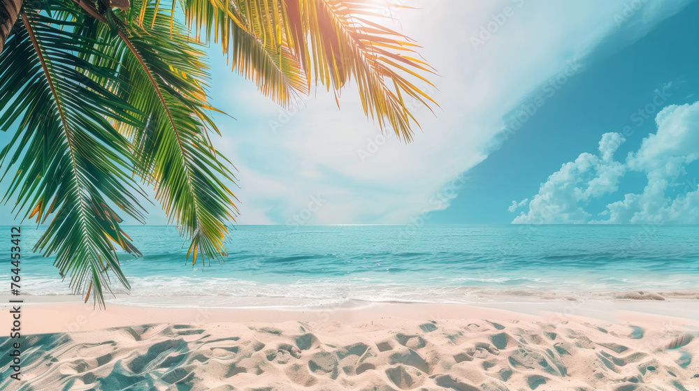 Beautiful Tropical Beach Banner: White Sand and Coco Palms Travel Tourism Wide Panorama Background Concept