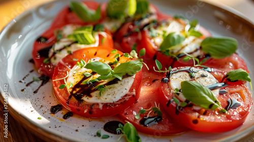 A side-angle view of a Caprese Salad on a white ceramic plate with the window light enhancing the juiciness of the tomatoes and the creamy texture of the mozzarella