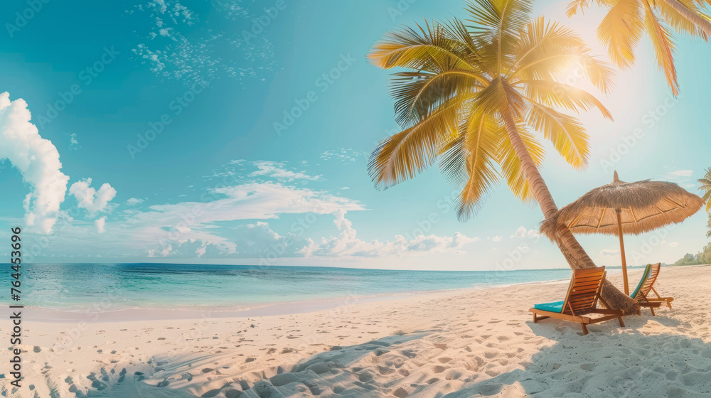 Beautiful Tropical Beach Banner: White Sand and Coco Palms Travel Tourism Wide Panorama Background Concept