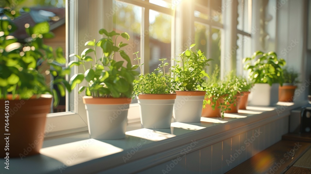 Sunlit Herb Garden Adding Charm to Your Kitchen with Potted Plants