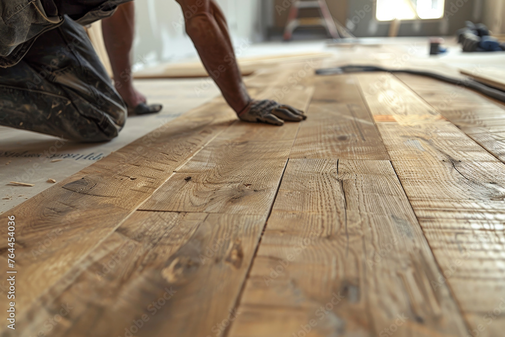 A close-up of a contractor installing new hardwood flooring during a home renovation. - obrazy, fototapety, plakaty 