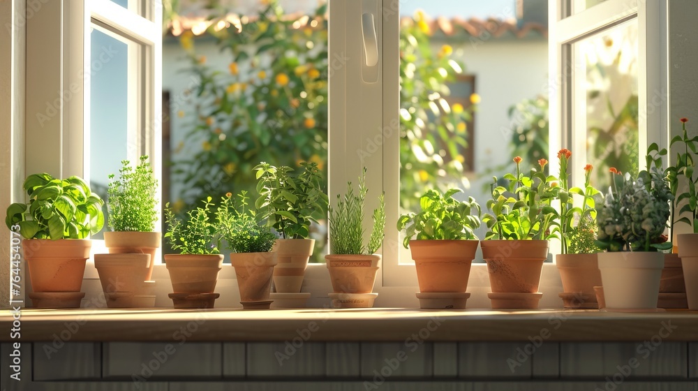Sunlit Herb Garden Adding Charm to Your Kitchen with Potted Plants