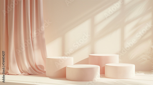 3D rendering, minimalism clean background with four round podiums on the right side of the picture, light pink and beige colors, silk fabric in soft tones, high resolution, soft shadows