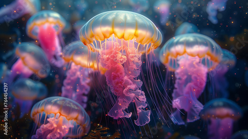 A group of jellyfish with pink and yellow bodies are floating in the ocean