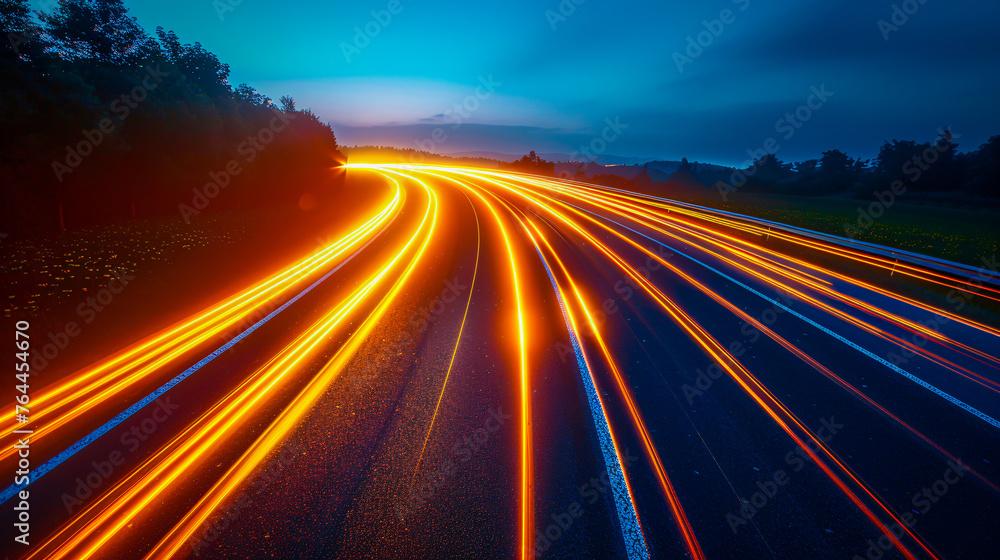 Nighttime Traffic Flow on Highway, Speeding Lights in Urban Road Scene
