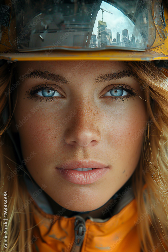A woman with blue eyes and a yellow helmet A woman with blue eyes and a yellow helmet