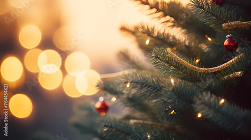 Christmas tree branches with bokeh lights on blurred background