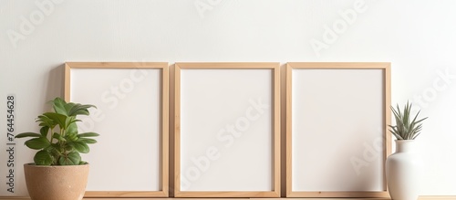 A set of three blank picture frames are displayed on a shelf alongside a small potted plant