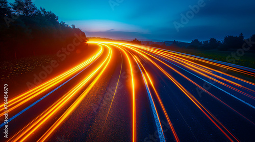 Nighttime Traffic Flow on Highway, Speeding Lights in Urban Road Scene