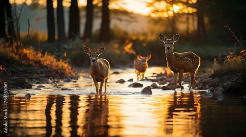 a family of graceful deer gathers to drink, their elegant forms reflected in the mirror-like surface of the stream. Across the clearing