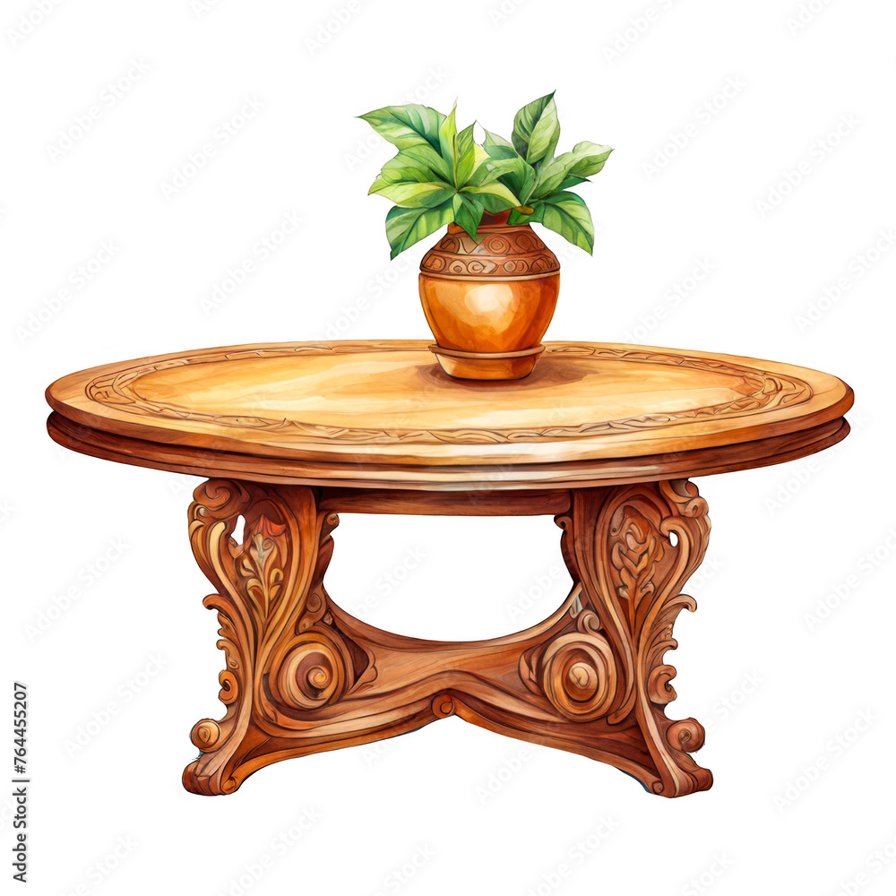 A low wooden coffee table with intricate carvings, flower vase on top, minimal, rusty farmhouse style, interior decor, furniture, for ad promotion, craft art, presentation journal, watercolor clipart A low wooden coffee table with intricate carvings, flower vase on top, minimal, rusty farmhouse style, interior decor, furniture, for ad promotion, craft art, presentation journal, watercolor clipart